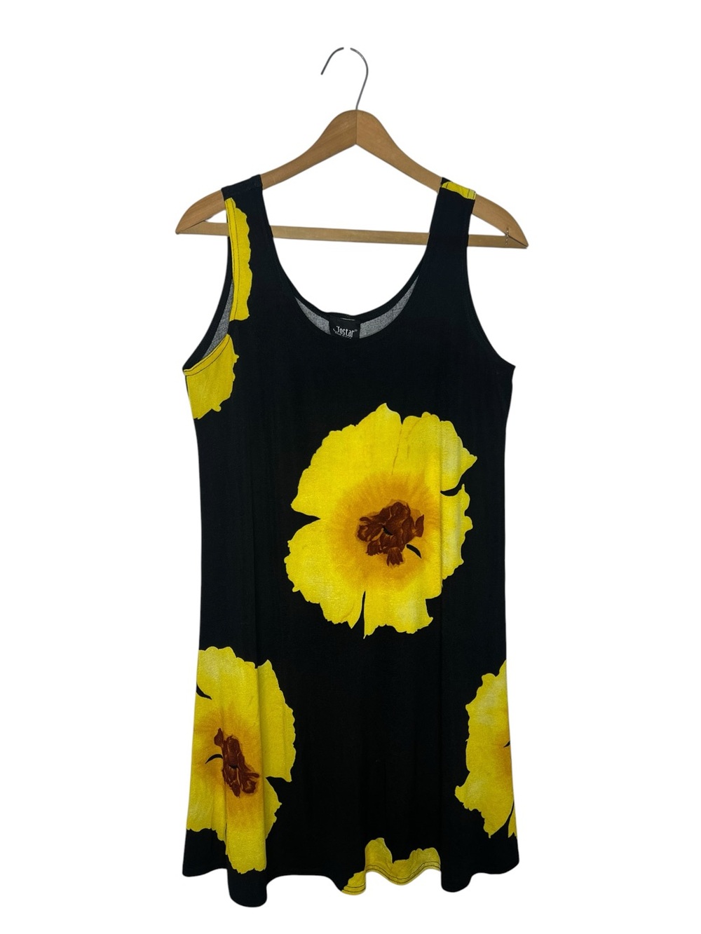 Vintage 90s Jostar Slinky Floral Tank Dress Black Yellow Made USA S